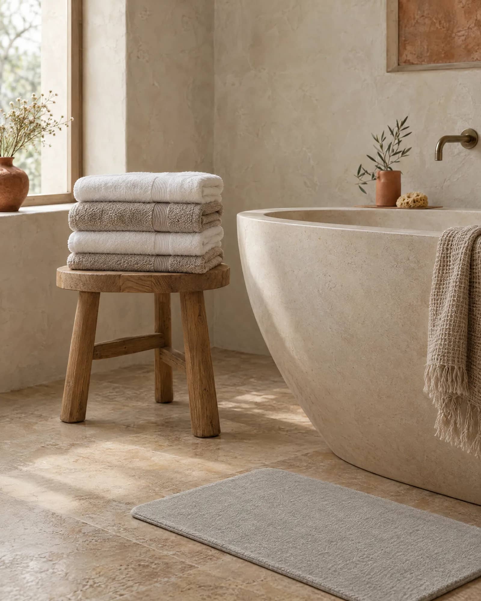 Folded Turkish cotton towels on an oak stool beside a stone bathtub
